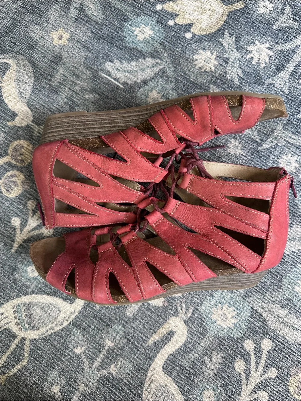 Earth Origins Harley Red Leather Gladiator Lace Up Wedge Sandals Sz 9